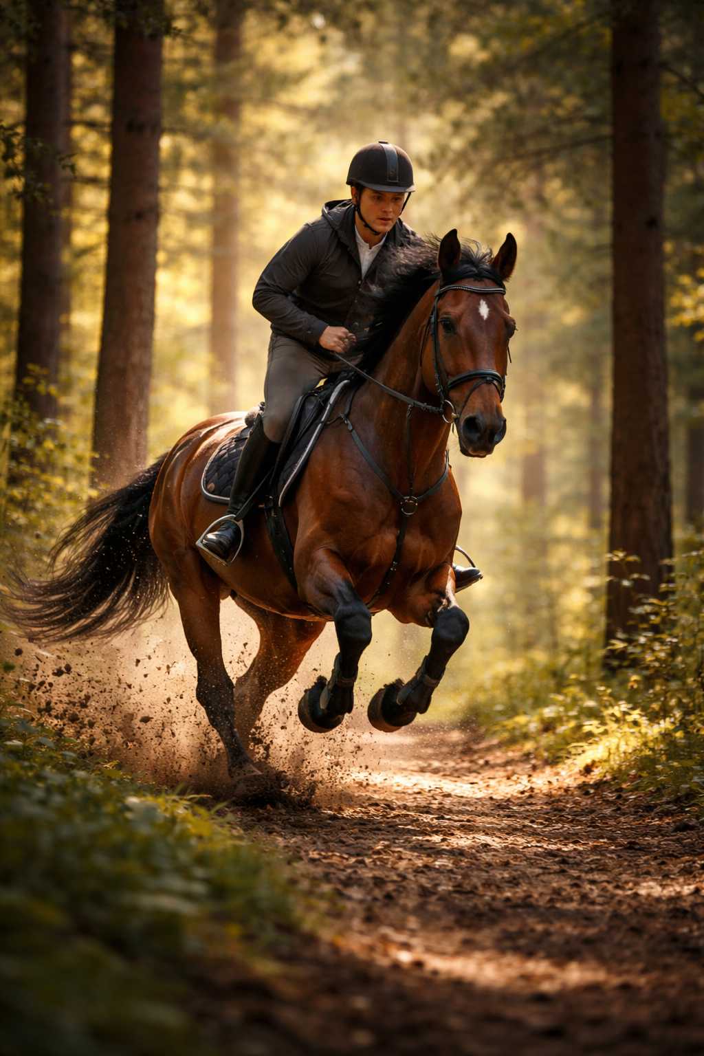 Reiter auf braunem Pferd galoppiert kraftvoll über einen Waldweg, aufgewirbelter Boden und warmes Sonnenlicht zwischen den Bäumen