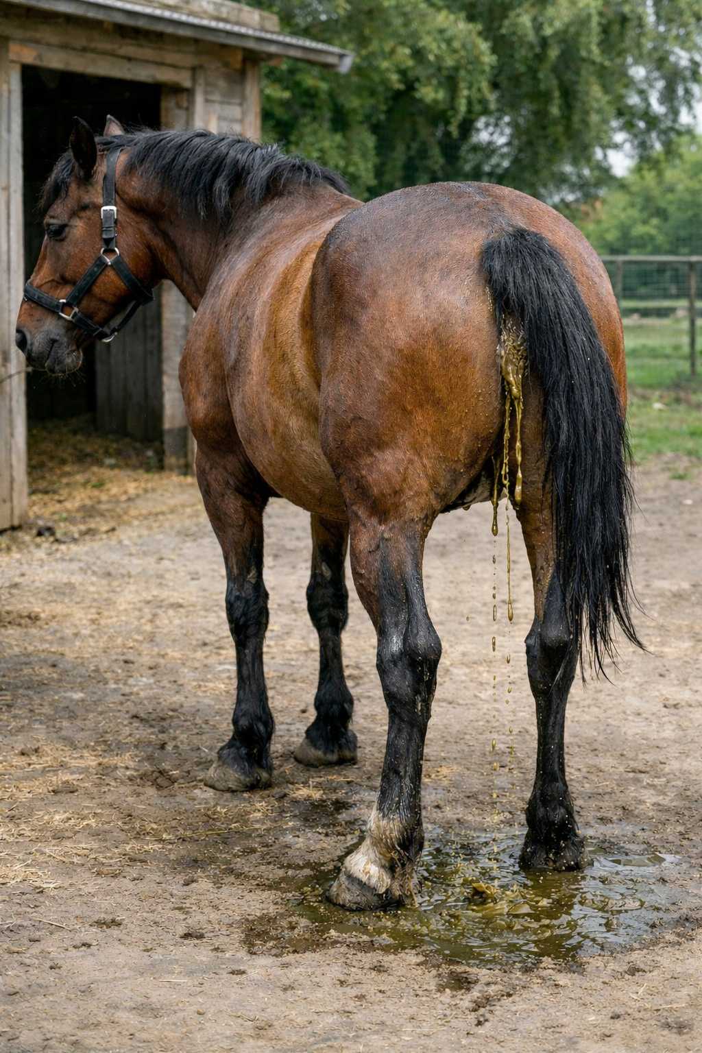 Braunes Pferd mit Halfter steht auf einem Hof vor einem Stallgebäude und setzt Kot ab, der auf den Boden tropft.
