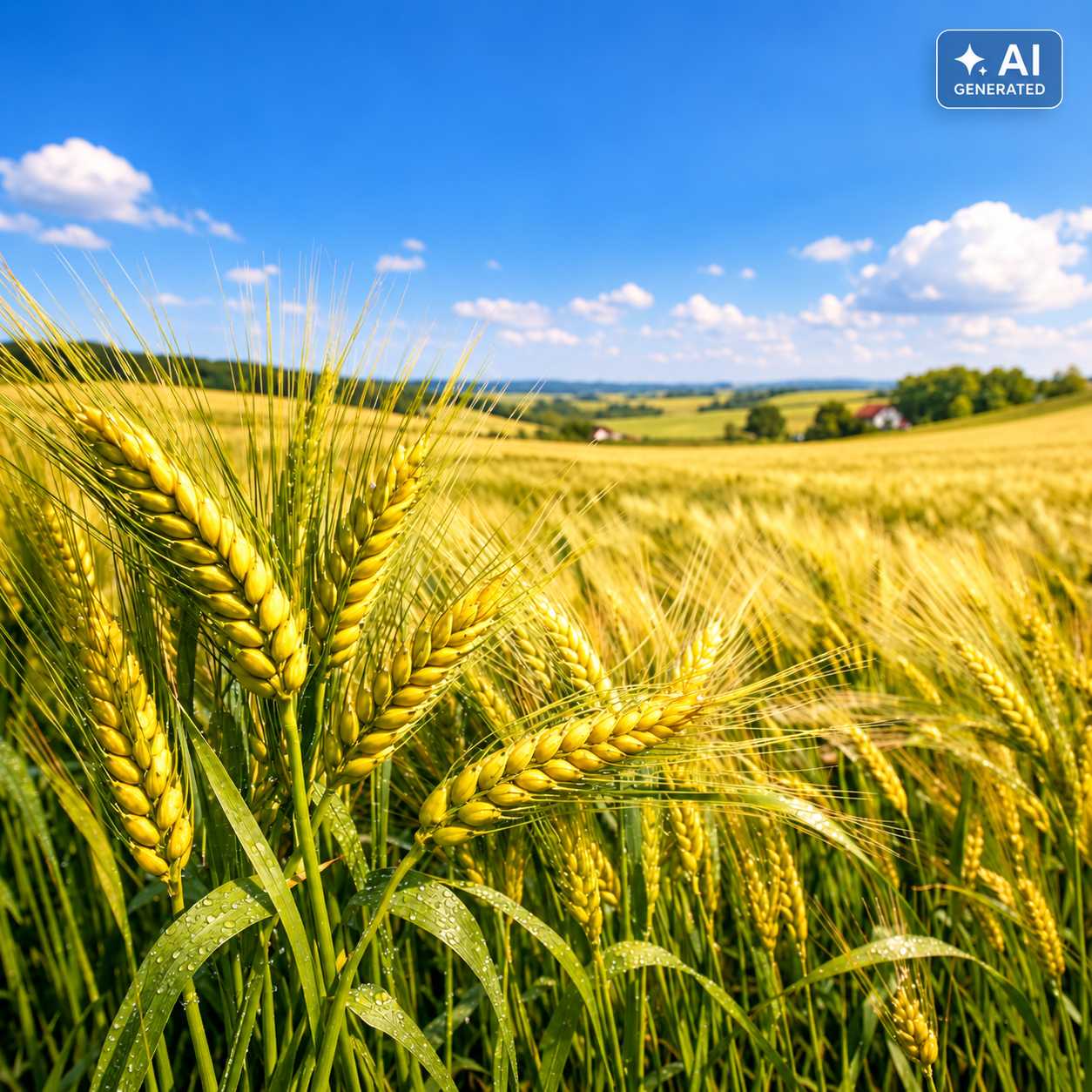 Nahaufnahme goldgelber Gerstenähren in einem weitläufigen Getreidefeld unter blauem Himmel. Im Hintergrund sind grüne Hügel und eine ländliche Landschaft zu sehen.