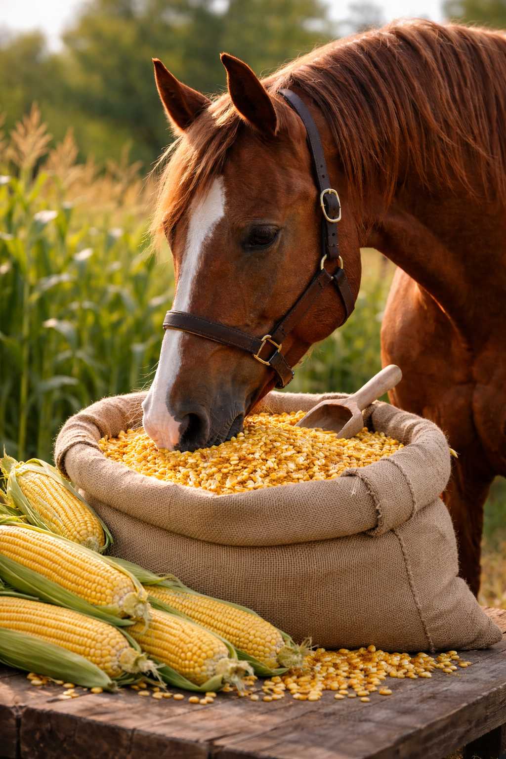 Braunes Pferd frisst Maiskörner aus einem Sack neben frischen Maiskolben auf einem Feld