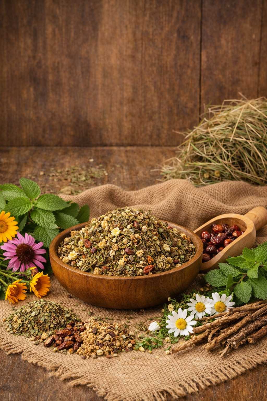 Schale mit getrockneter Kräutermischung, umgeben von Heilpflanzen, Blüten und Wurzeln auf rustikalem Untergrund