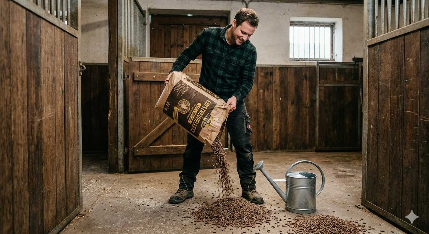 Stallarbeiter streut Holzpellet Einstreu auf den Boden einer Pferdebox im Stall
