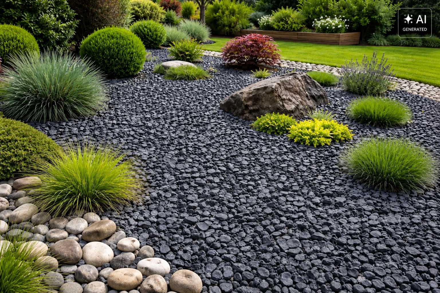 Pflegeleichter Garten mit dunklem Zierkies, Ziergräsern und Findlingen