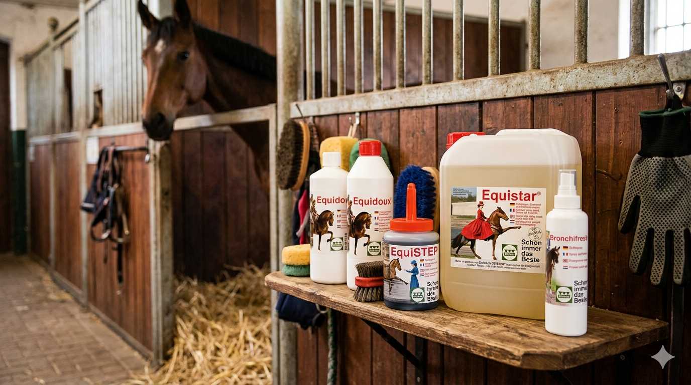 Verschiedene Pflege- und Gesundheitsprodukte für Pferde stehen auf einem Regal im Stall, während ein Pferd aus der Box im Hintergrund schaut.