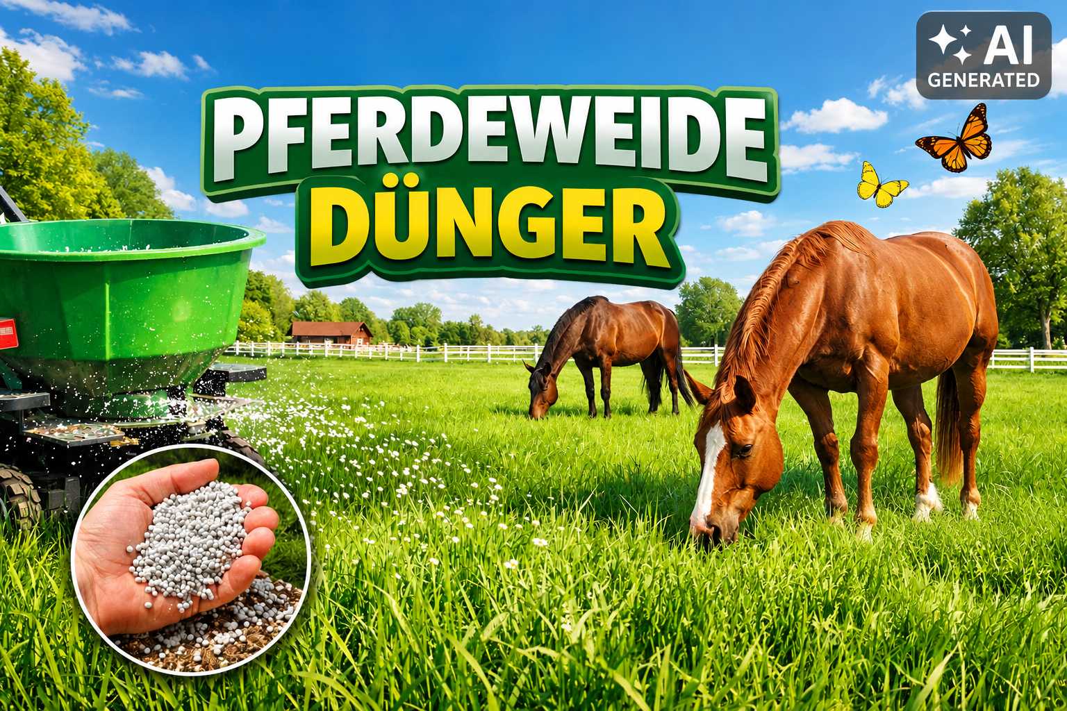 Zwei Pferde grasen auf einer grünen Weide neben einer Darstellung von Düngergranulat