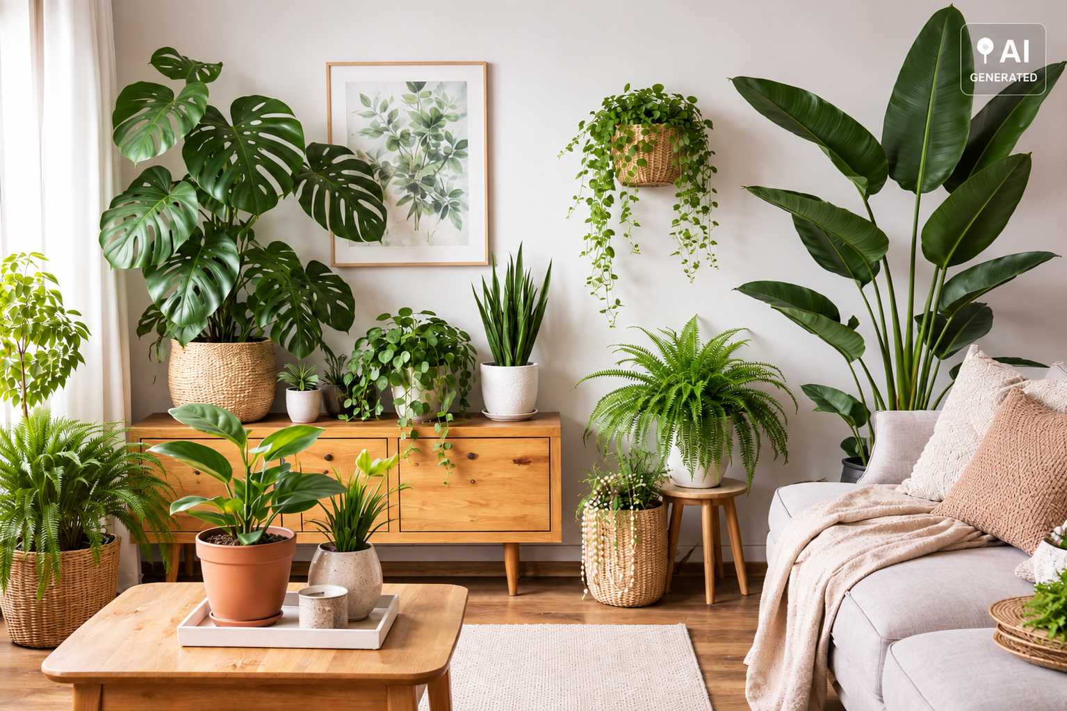 Helles Wohnzimmer mit Monstera, Farnen und weiteren dekorativen Zimmerpflanzen