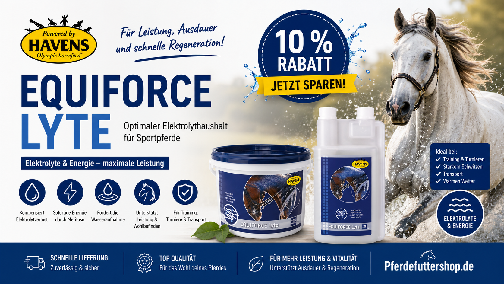 Havens Equiforce Lyte Pulver und Lyte Liquid – Elektrolyte für Pferde bei Turnieren, Training, Transport und starkem Schwitzen mit 10 Prozent Rabatt
