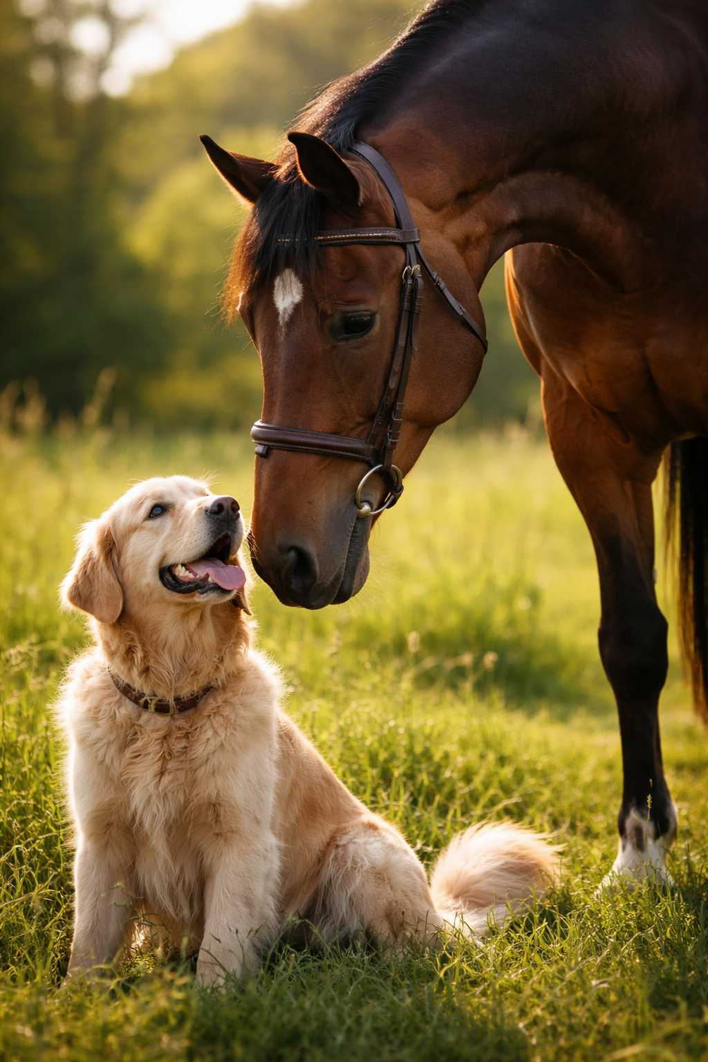 Ein Pferd und ein Hund stehen sich auf einer grünen Wiese gegenüber im warmen Sonnenlicht
