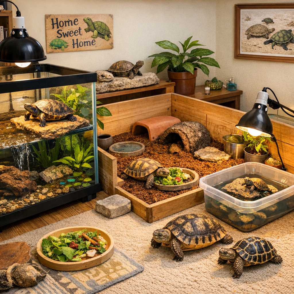 Mehrere Landschildkröten und Wasserschildkröten in einem Terrarium mit Wärmelampe, Wasserbecken und frischem Gemüse
