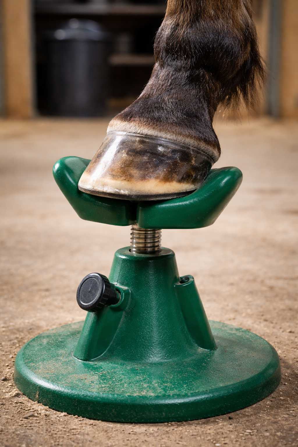 Nahaufnahme eines Pferdehufs, der zur Bearbeitung auf einem grünen Hufbock aufliegt.