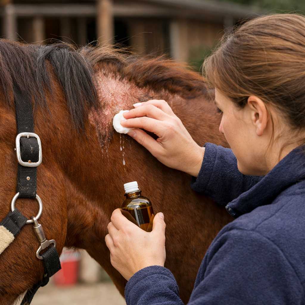 Frau reinigt eine Hautwunde am Pferd mit Desinfektionslösung und Watte