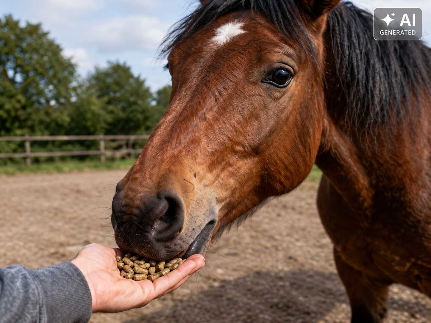 Braunes Pferd mit schwarzer Mähne frisst Futterpellets aus der ausgestreckten Hand einer Person. Im Hintergrund sind ein Reitplatz und ein Holzzaun zu sehen.