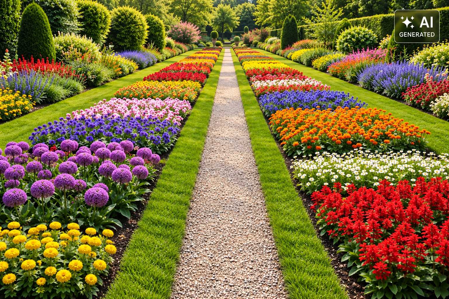 Gepflegter Garten mit bunten Blumenrabatten, Rasenflächen und geradem Kiesweg