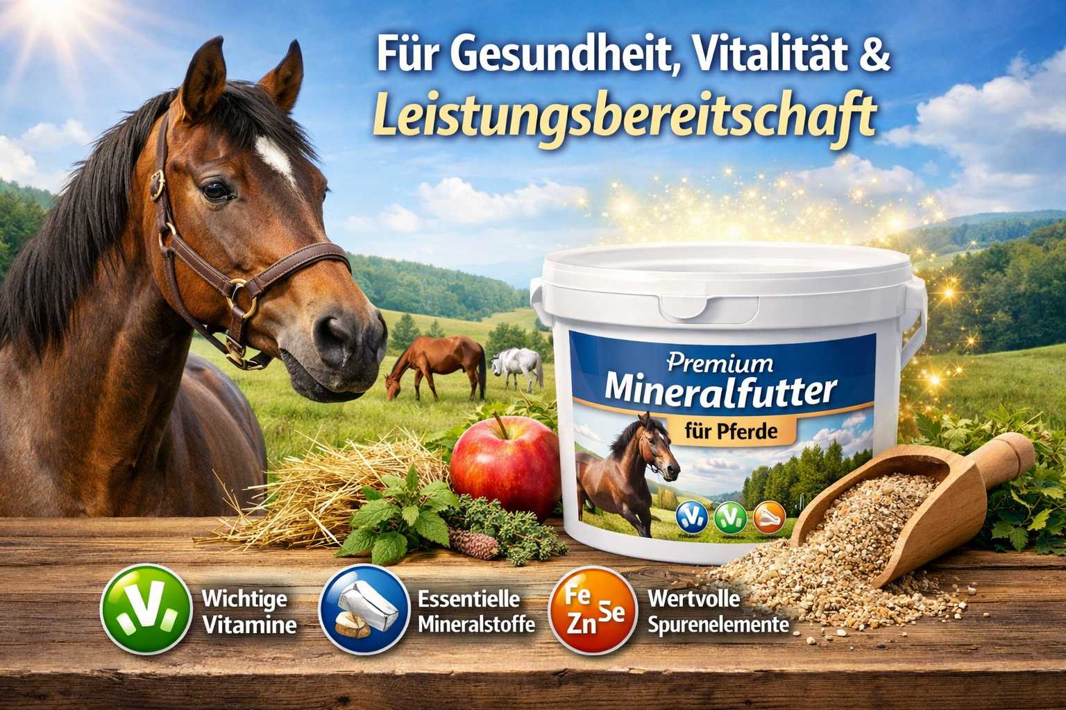 Braunes Pferd neben einem Eimer Premium Mineralfutter für Pferde mit Vitaminen, Mineralstoffen und Spurenelementen auf einer Wiese