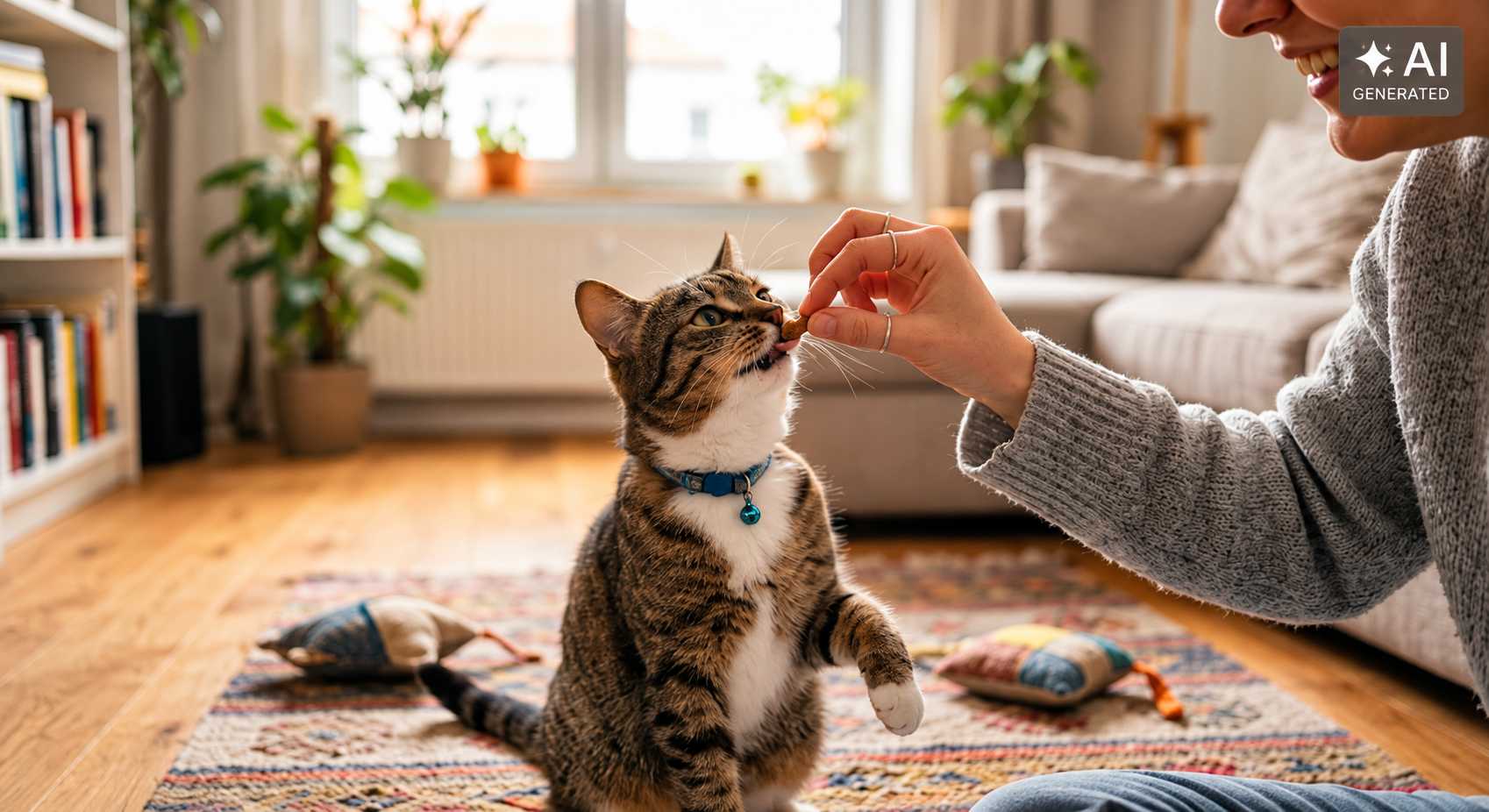Getigerte Katze erhält in einem Wohnzimmer ein Leckerli aus der Hand