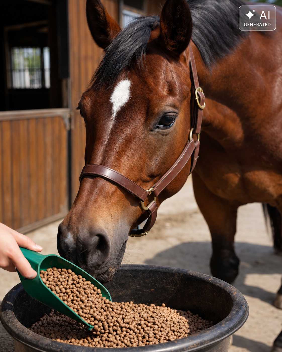 Braunes Pferd mit weißer Blesse und Halfter steht am Stall und schnuppert an Futterpellets, die mit einer grünen Futterschaufel in einen schwarzen Futtertrog gefüllt werden.