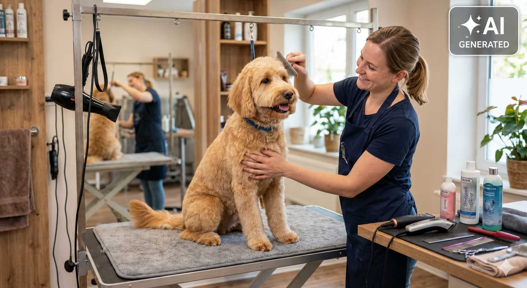 Hund wird auf einem Pflegetisch in einem Hundesalon gebürstet und gepflegt