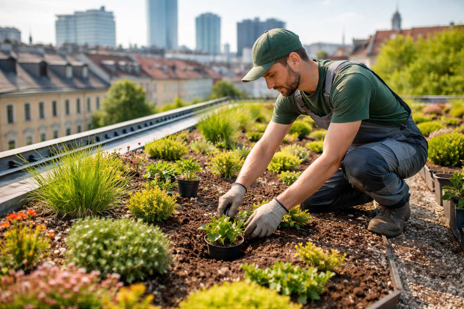 Gärtner pflanzt Sedum und Pflanzen auf einem begrünten Flachdach in der Stadt