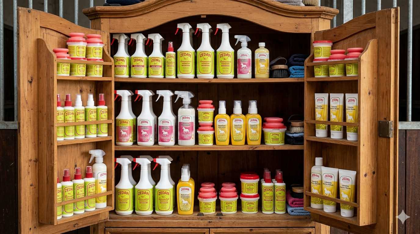 Offener Holzschrank im Pferdestall mit verschiedenen Zedan Pflegeprodukten wie Sprays, Shampoos und Salben.