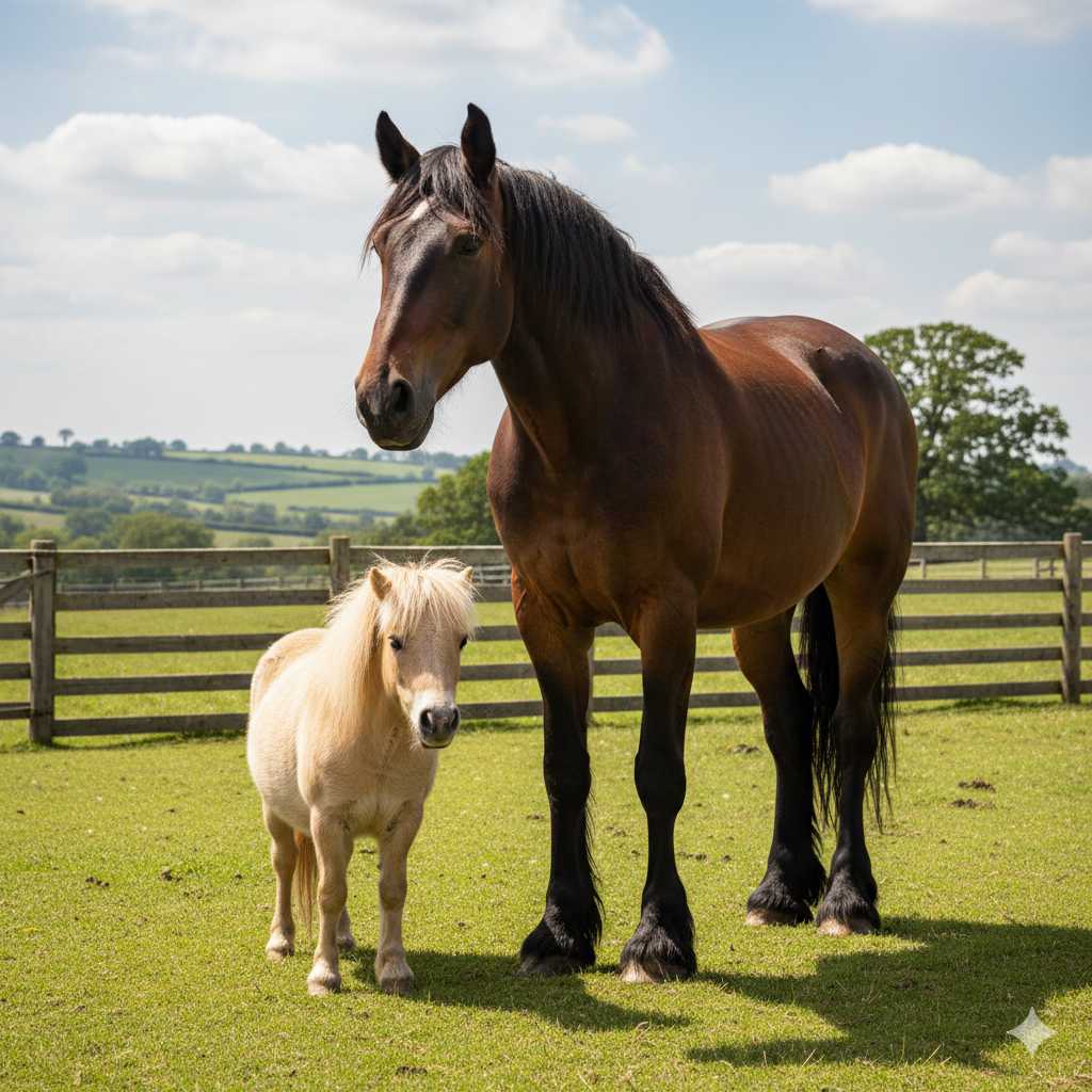 Ein großes braunes Pferd steht neben einem kleinen hellen Pony auf einer grünen Weide, im Hintergrund sind Holzzäune und eine sanfte Hügellandschaft zu sehen.