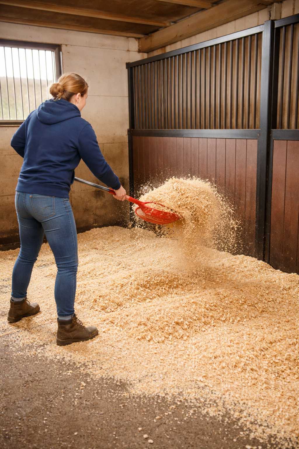 Person verteilt frische Holzspäne als Einstreu in einer sauberen Pferdebox im Stall