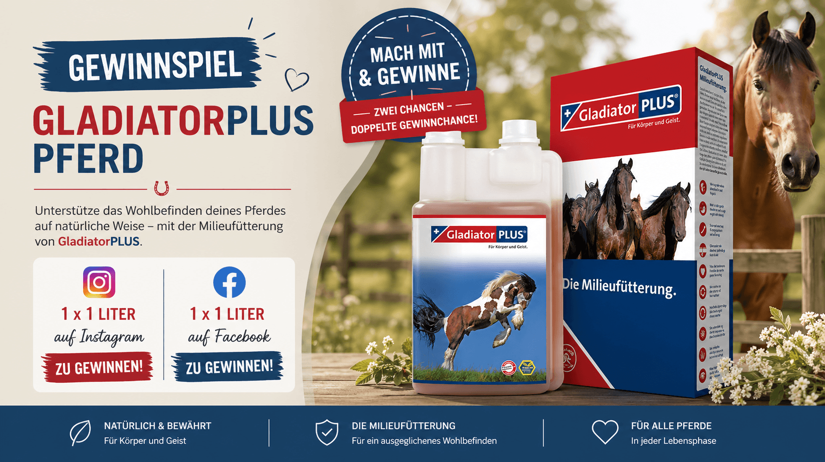 GladiatorPLUS Pferd Gewinnspiel – Verlosung von 1 Liter Milieufütterung auf Instagram und Facebook