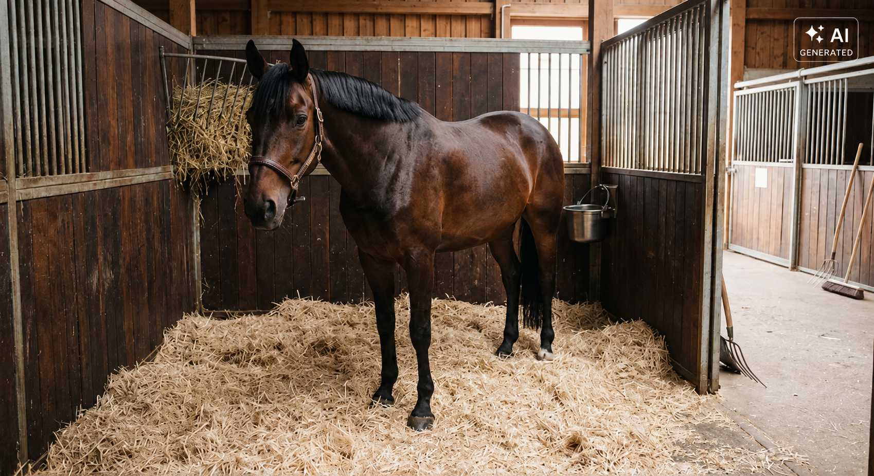 Dunkelbraunes Pferd steht in einer eingestreuten Stallbox mit Heu und Tränke
