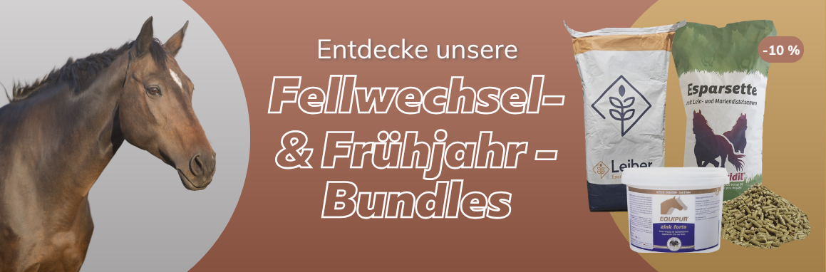 Pferd im Fellwechsel mit Fellwechsel- und Frühjahrs-Bundles für Pferdefutter