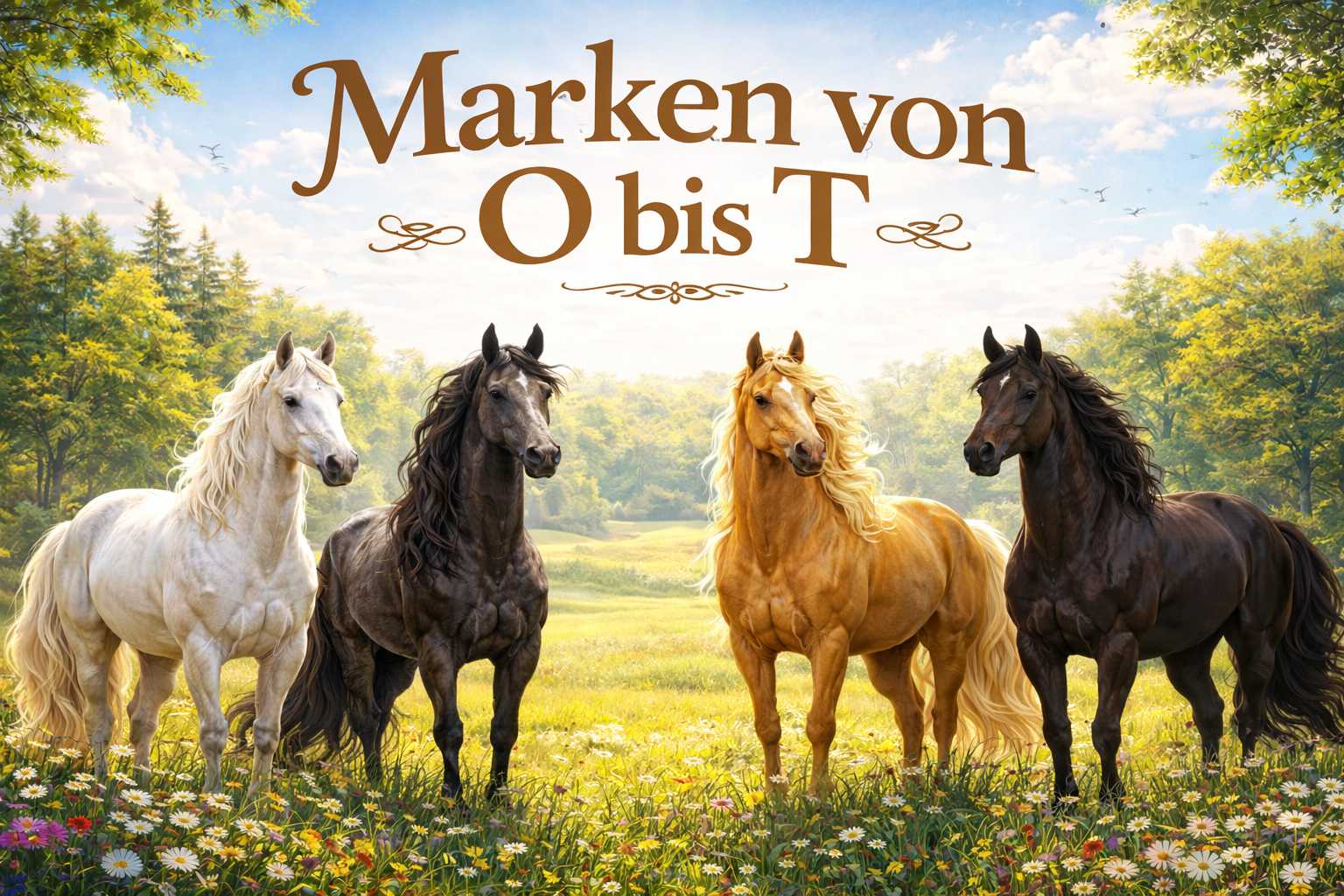 Vier Pferde unterschiedlicher Farben auf einer Wiese mit Schriftzug Marken von O bis T