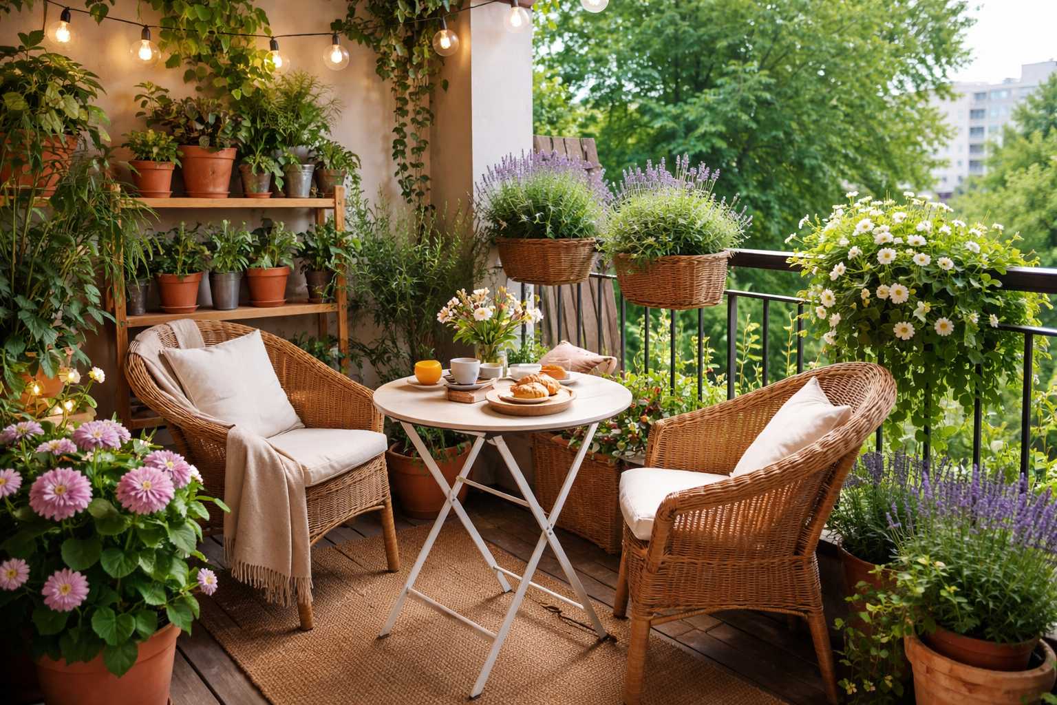 Liebevoll gestalteter Balkon mit vielen Topfpflanzen, gemütlichen Korbstühlen und kleinem Tisch für Frühstück im Grünen
