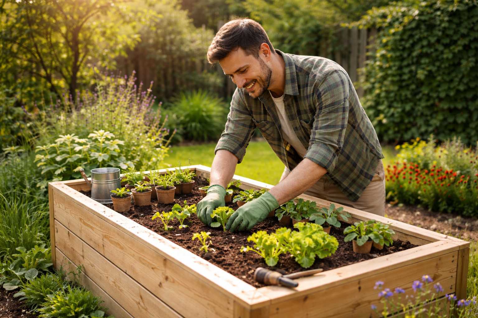 Mann pflanzt Salat und Jungpflanzen in ein Hochbeet im Garten