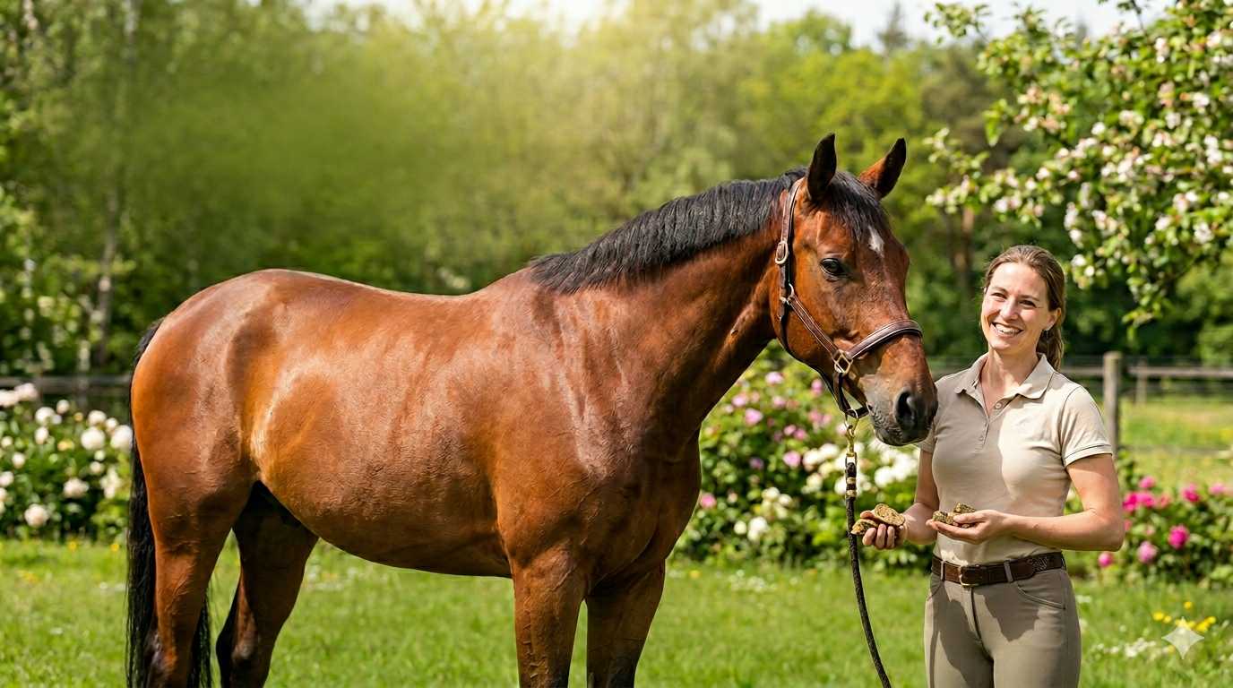 Frau füttert ein braunes Pferd mit Leckerlis auf einer grünen Wiese