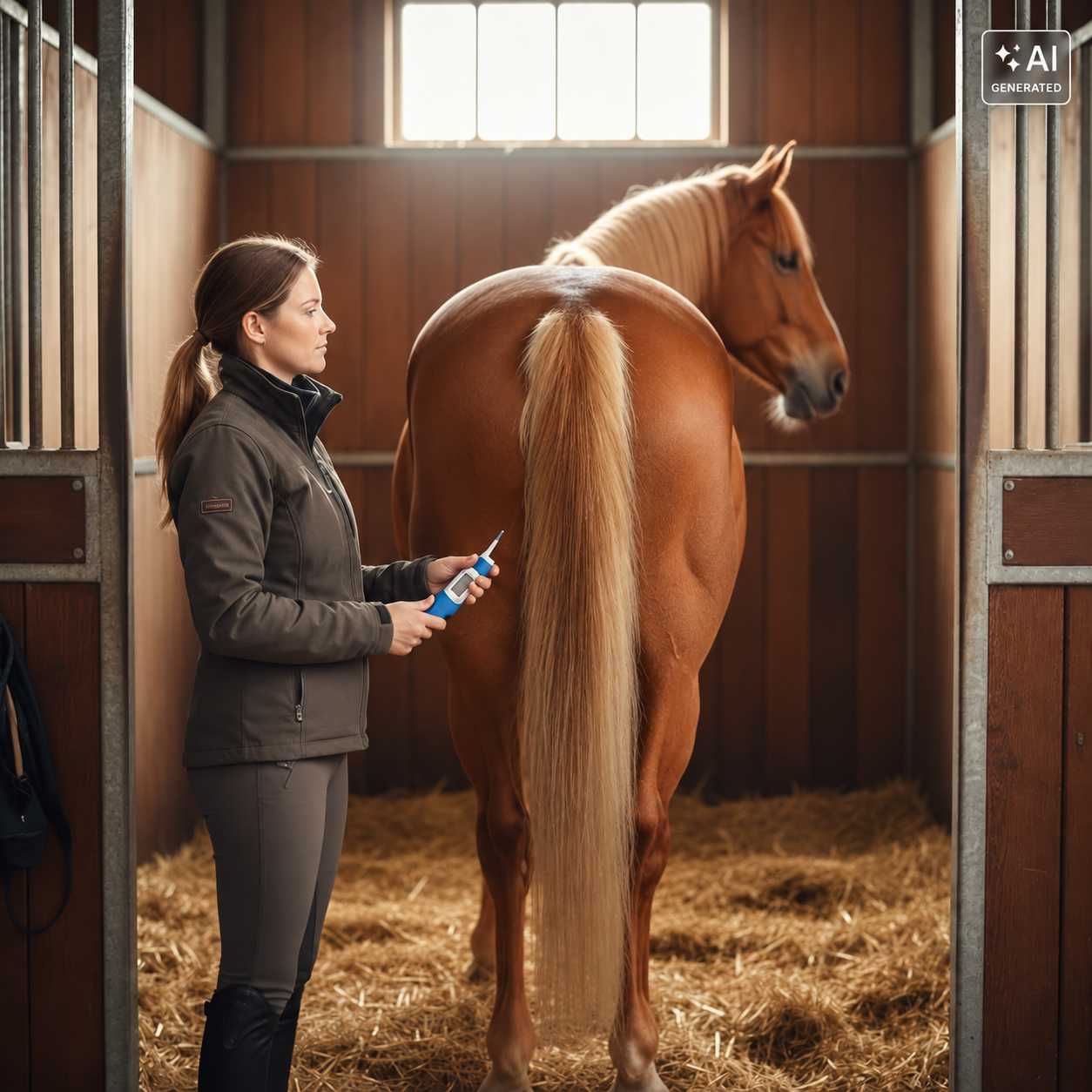 Frau steht neben einem braunen Pferd in einer Stallbox