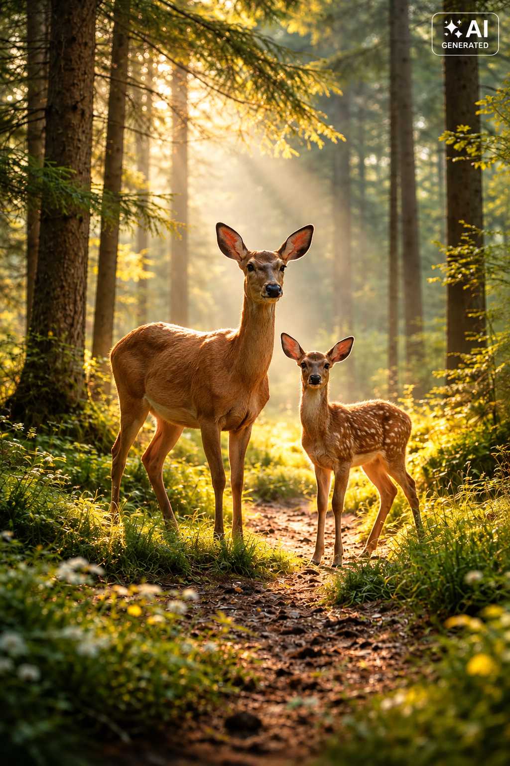 Reh und Kitz stehen gemeinsam auf einem Waldweg im Sonnenlicht