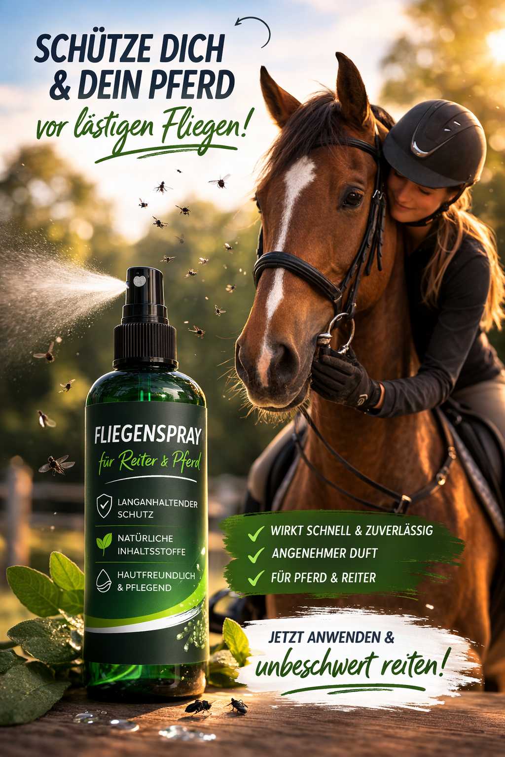 Reiterin mit Pferd verwendet Fliegenspray zum Schutz vor Fliegen beim Reiten