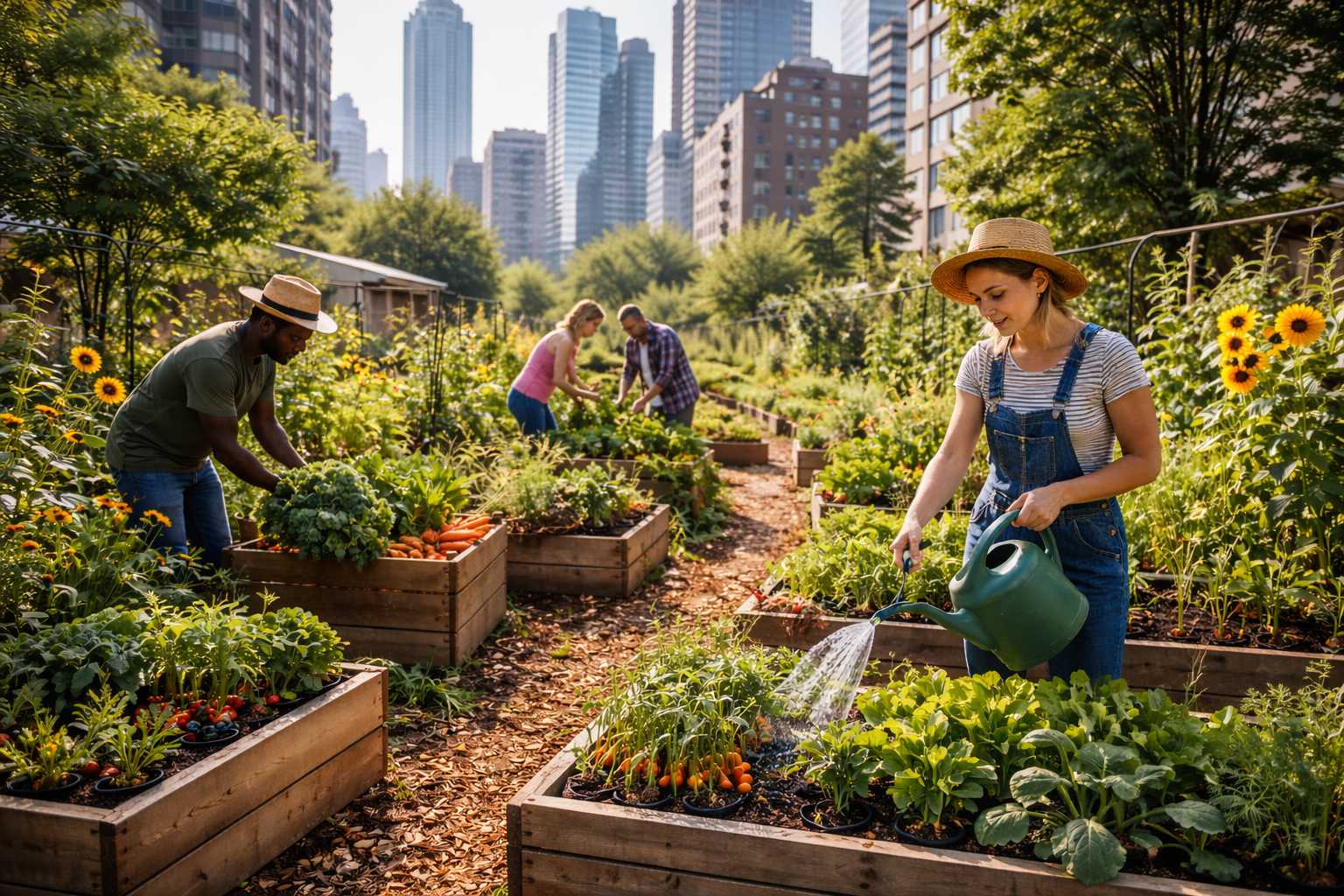 Menschen pflegen gemeinsam Hochbeete mit Gemüse in einem urbanen Gemeinschaftsgarten zwischen Hochhäusern