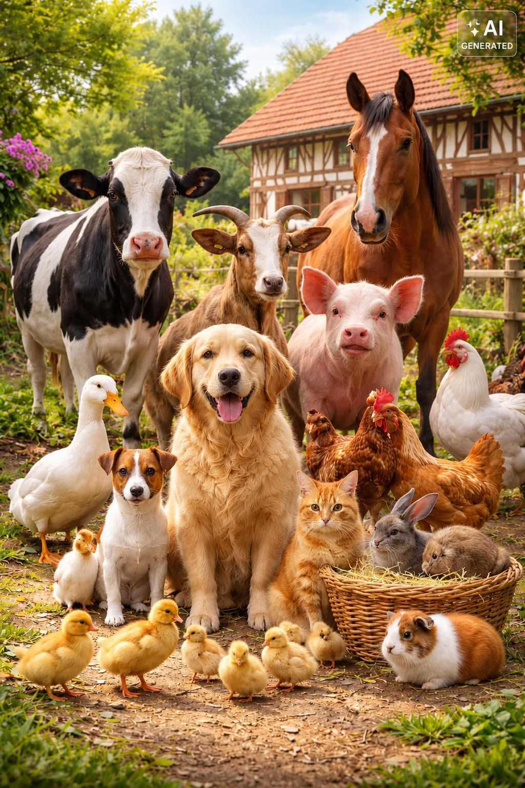 Pferd, Kuh, Ziege, Schwein, Hund, Katze, Hühner, Enten und Kleintiere auf einem Bauernhof