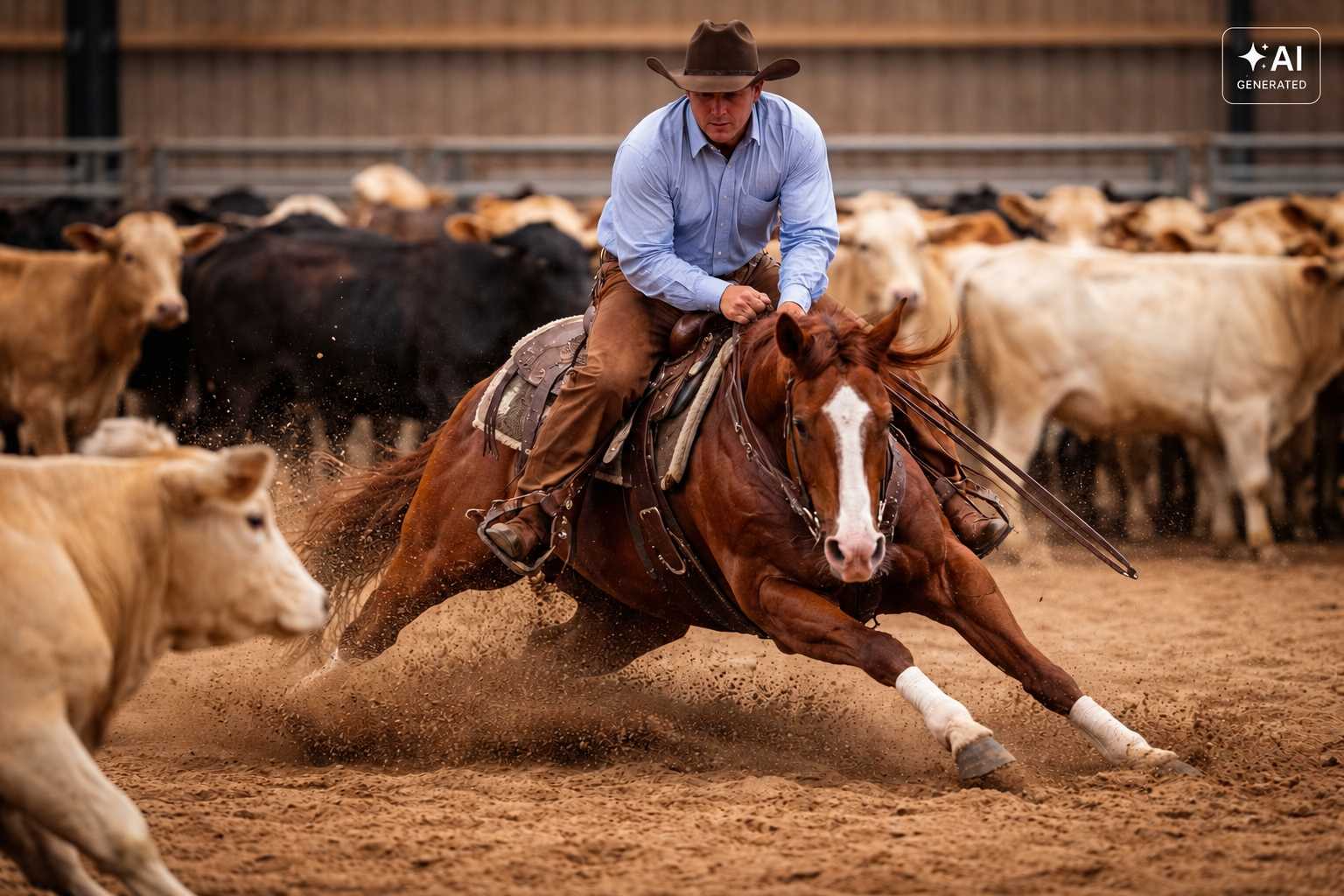 Westernreiter mit Cowboyhut lenkt ein braunes Pferd in einer engen Wendung durch eine sandige Arena. Im Hintergrund steht eine Herde Rinder.