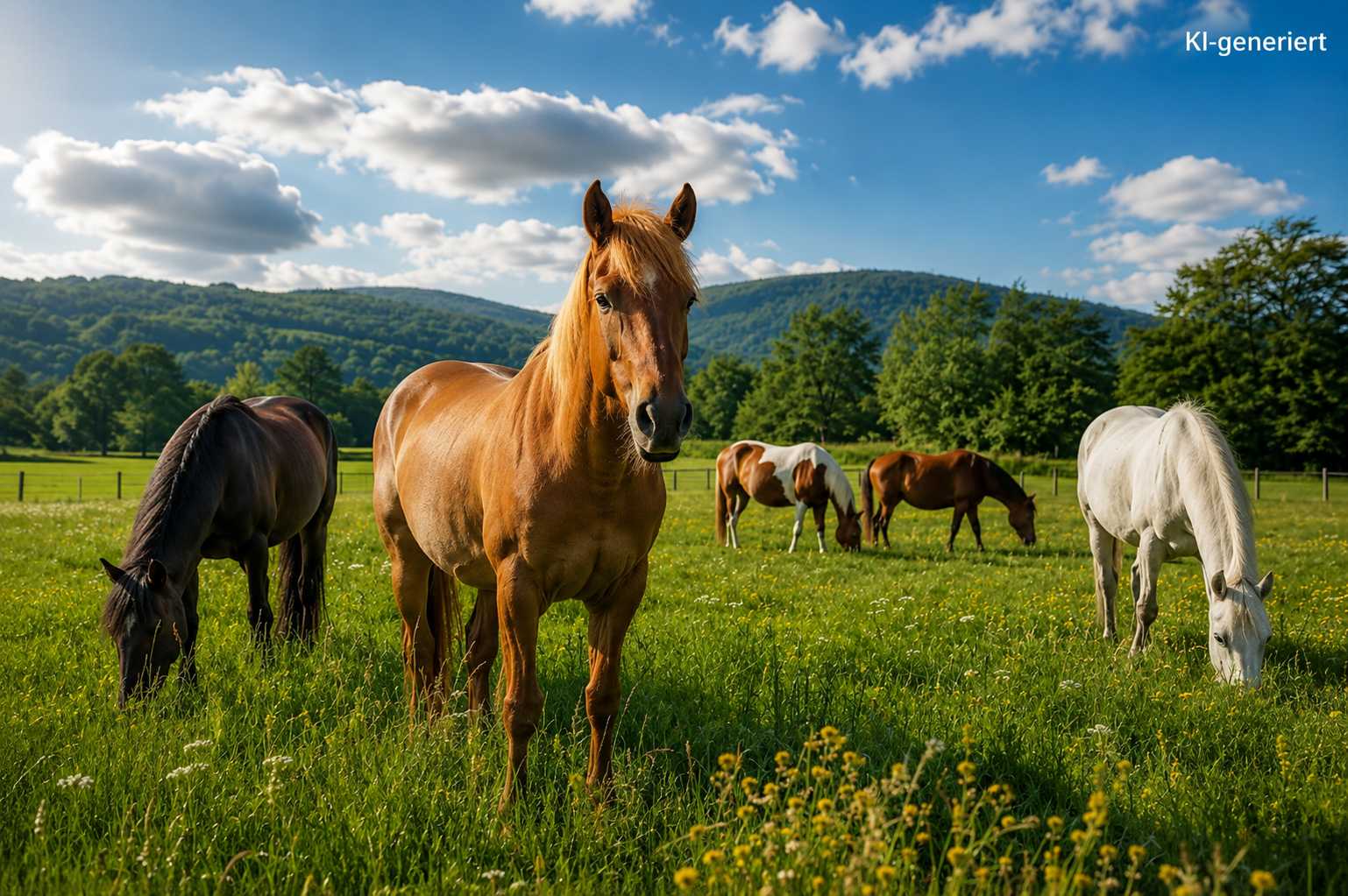 Mehrere Pferde stehen und grasen auf einer grünen Weide vor bewaldeten Hügeln unter blauem Himmel.
