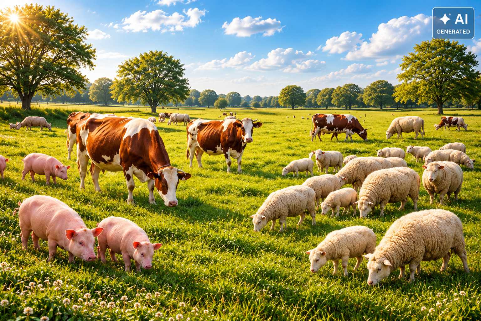 Mehrere braun-weiße Kühe, weiße Schafe und rosa Schweine grasen gemeinsam auf einer weitläufigen grünen Weide. Im Hintergrund stehen Bäume unter einem blauen Himmel.