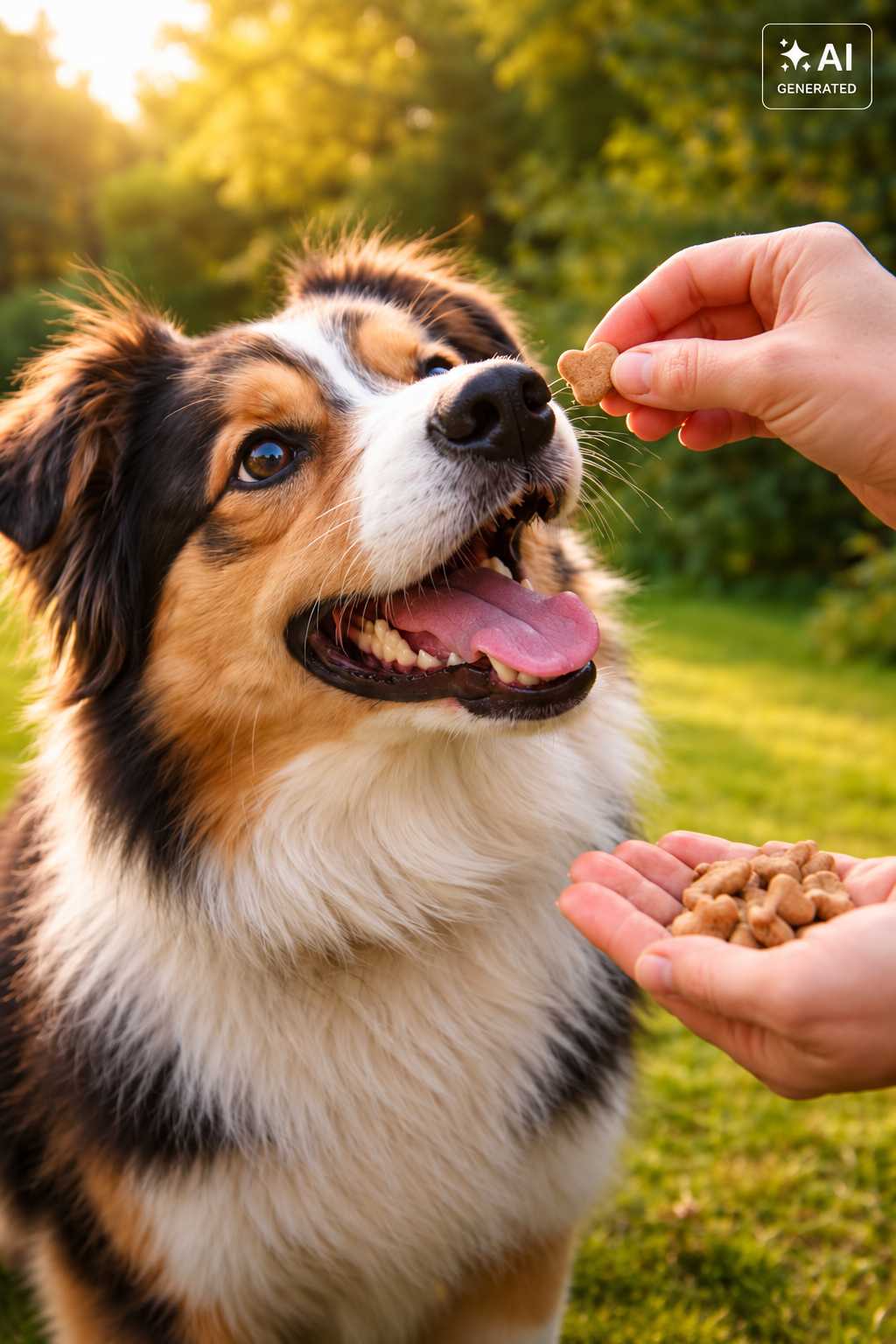 Hund erhält im Freien ein Leckerli aus der Hand
