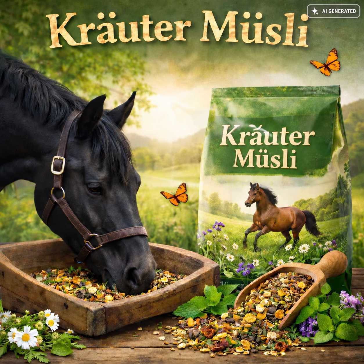 Schwarzes Pferd frisst Kräutermüsli aus einem hölzernen Futtertrog. Daneben stehen ein grüner Futtersack mit der Aufschrift „Kräuter Müsli“ sowie eine Futterschaufel mit Kräutern und Futterflocken.