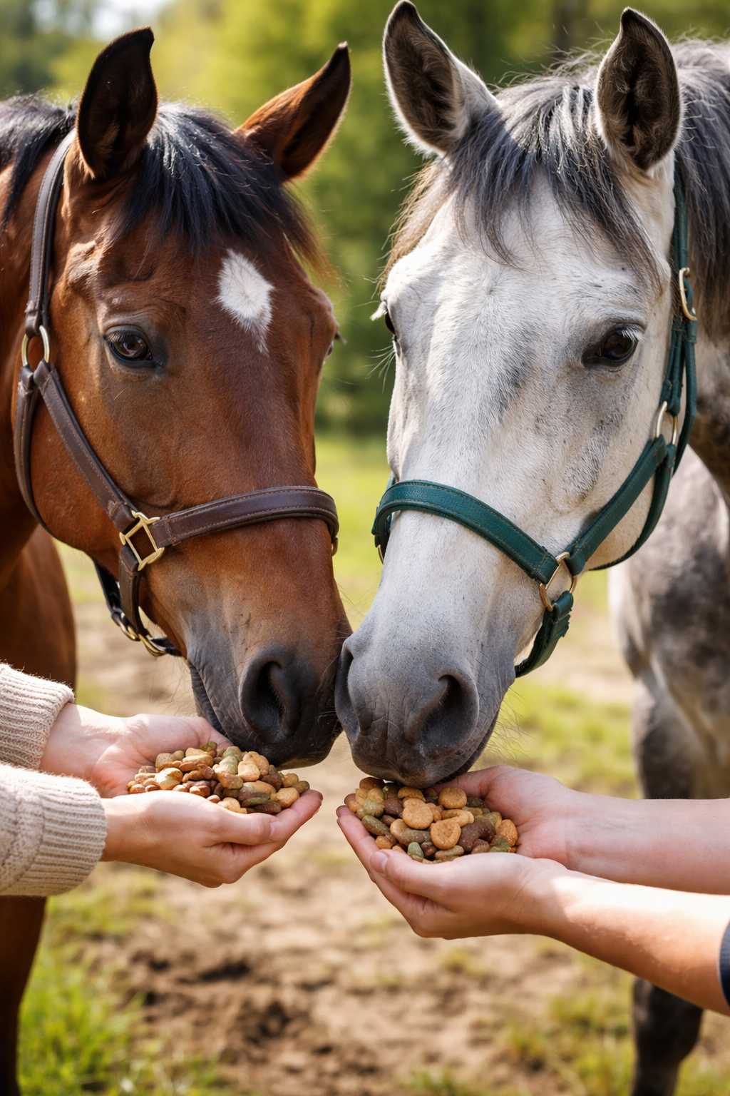 Braunes und graues Pferd fressen Futter aus den Händen von zwei Personen auf einer Weide