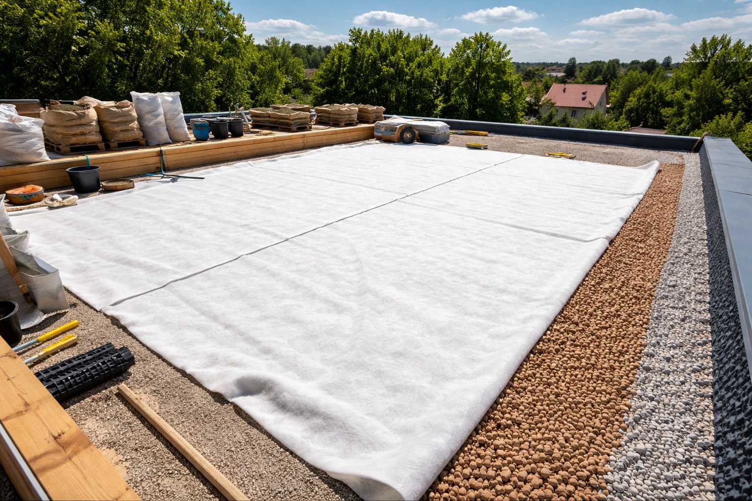 Flachdach mit verlegtem Schutz- und Filtervlies sowie Drainageschicht aus Kies als Vorbereitung für eine Dachbegrünung