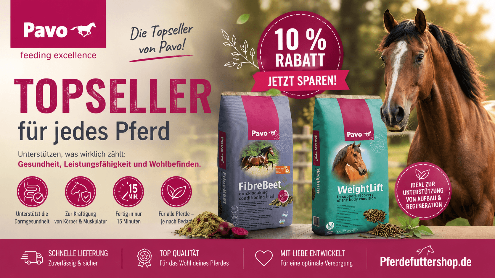 Pavo FibreBeet und Pavo WeightLift – hochwertige Pferdefutter-Topseller für Gewichtserhalt, Muskulatur und gesunde Verdauung jetzt mit 10 Prozent Rabatt