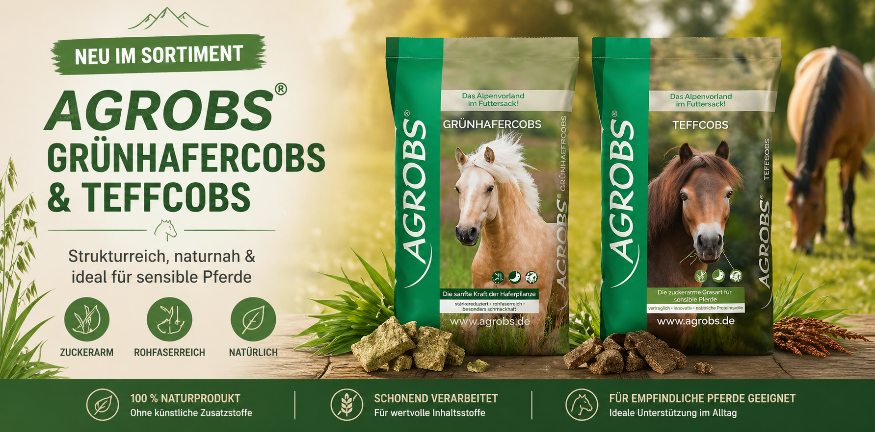 Agrobs Grünhafercobs und Teffcobs Pferdefutter – strukturreiches, natürliches Futter für empfindliche Pferde