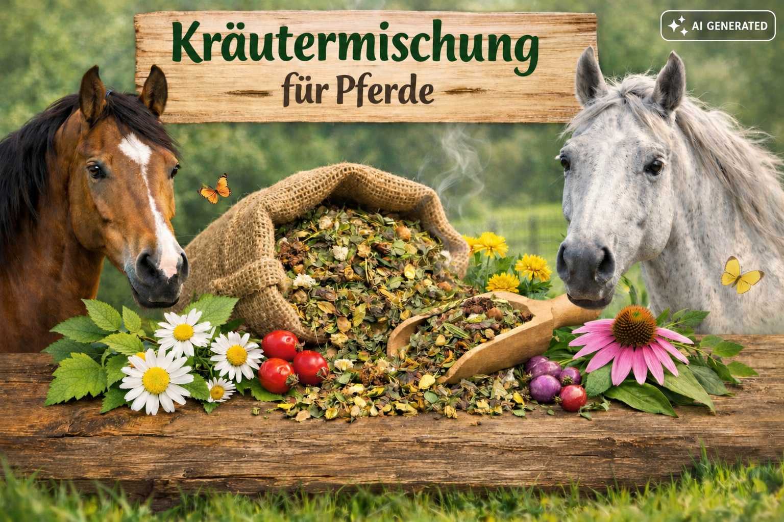 Braunes und weißes Pferd neben einer Kräutermischung aus getrockneten Kräutern und Blüten. Im Vordergrund liegen ein Jutesack, eine Holzschaufel und verschiedene Pflanzen.