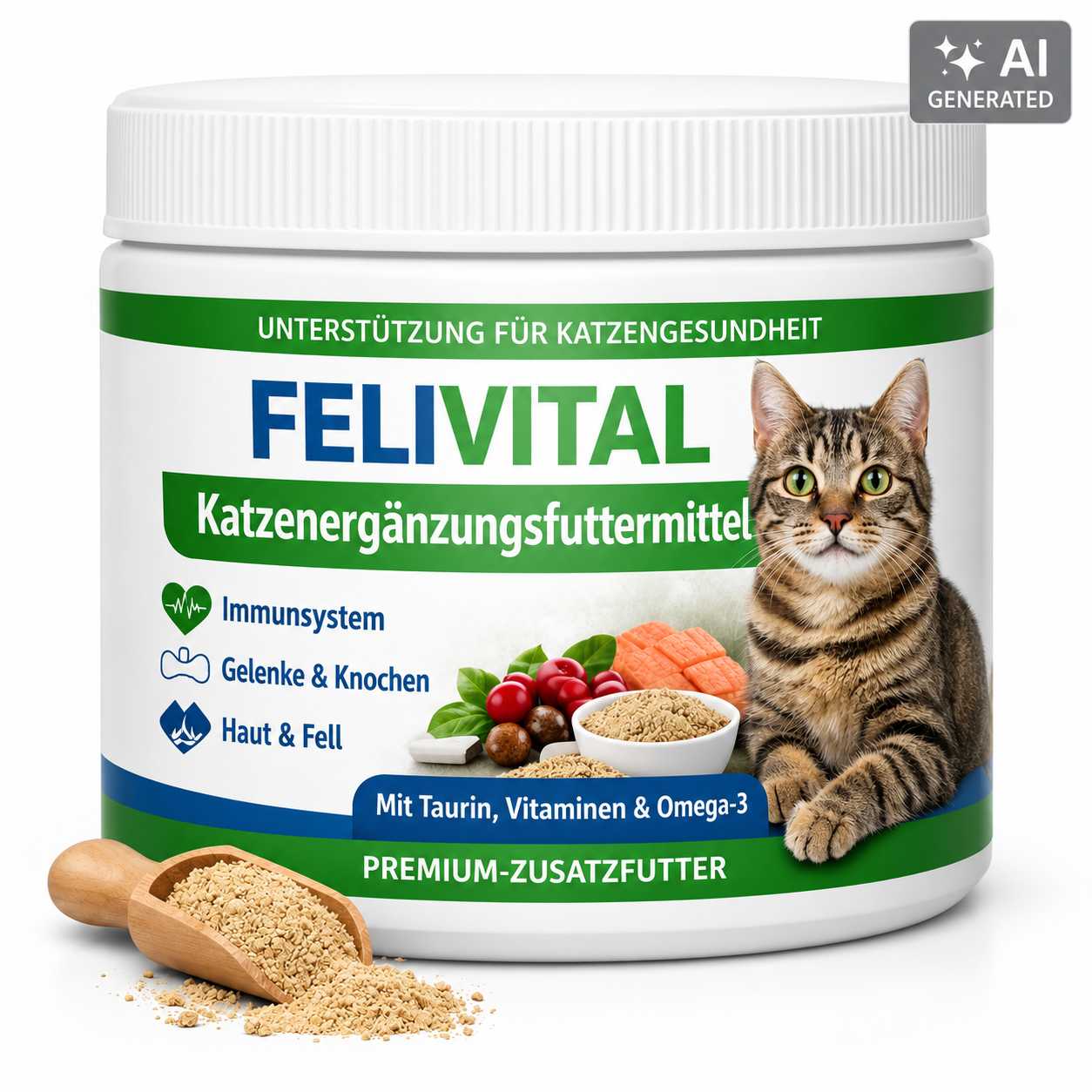 Dose mit Ergänzungsfuttermittel für Katzen sowie Pulver und Zutaten