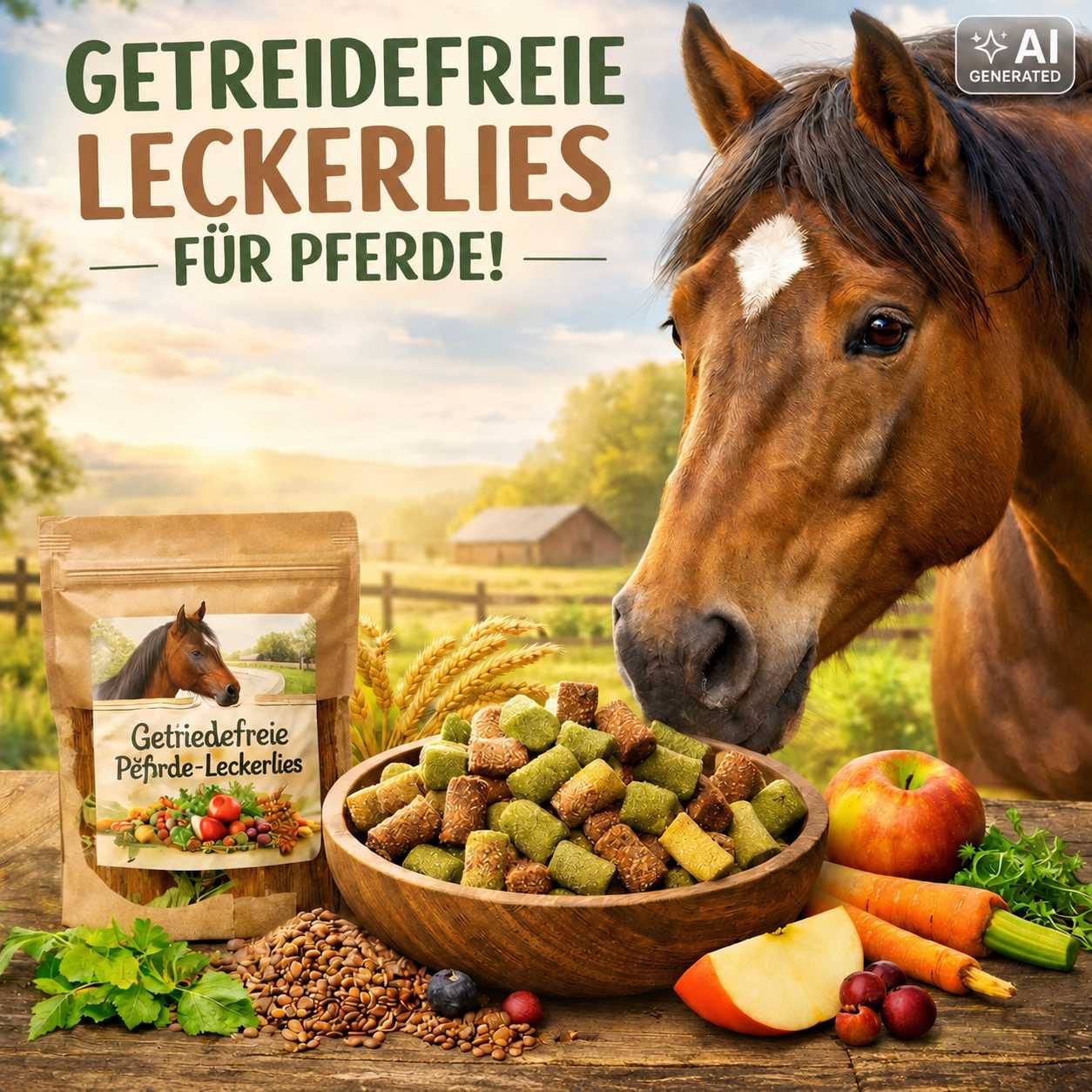 Braunes Pferd neben einer Holzschale mit bunten, getreidefreien Pferdeleckerlis. Daneben liegen ein Beutel Pferdeleckerlis, Karotten, Äpfel und weitere Zutaten.