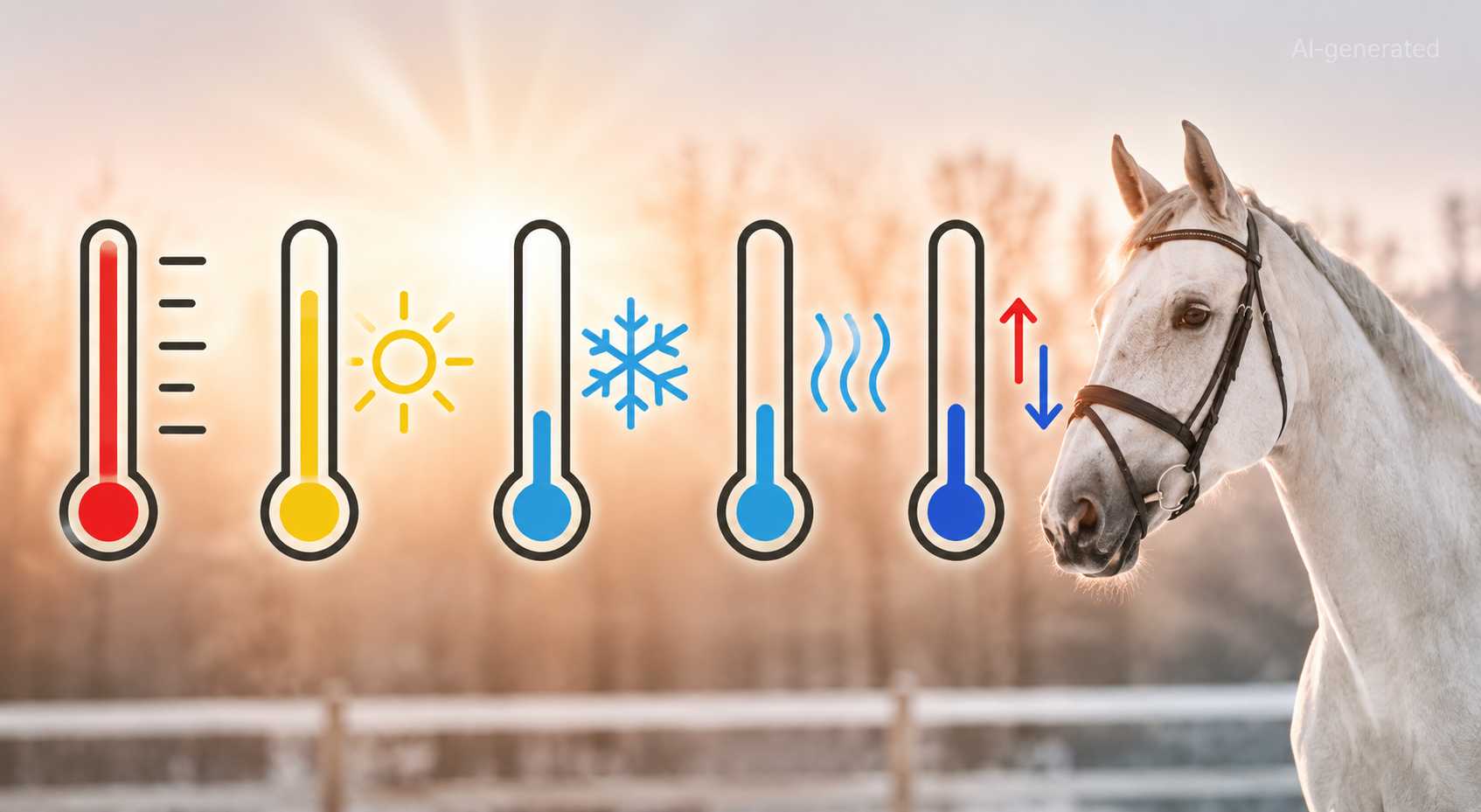 Weißes Pferd neben mehreren Thermometer-Symbolen für warme, kalte und wechselnde Temperaturen.